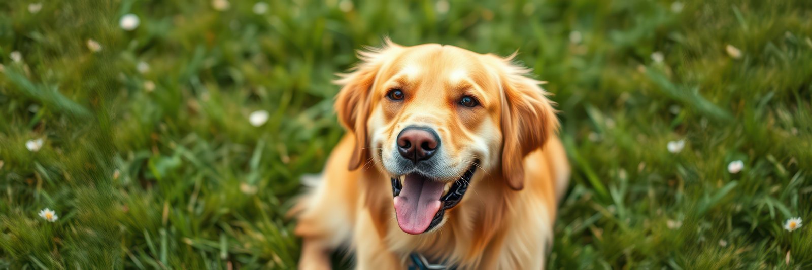 A golden retriever, tongue slightly out, sits contentedly in a field of bright green grass interspersed with small white wildflowers